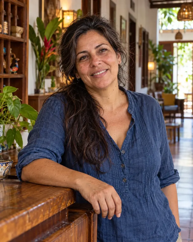 Anfitriona atendiendo la recepción de su posada