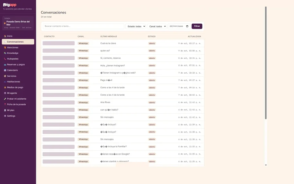 Captura real de Conversaciones de Posada Brisa del Mar, con datos personales ocultos