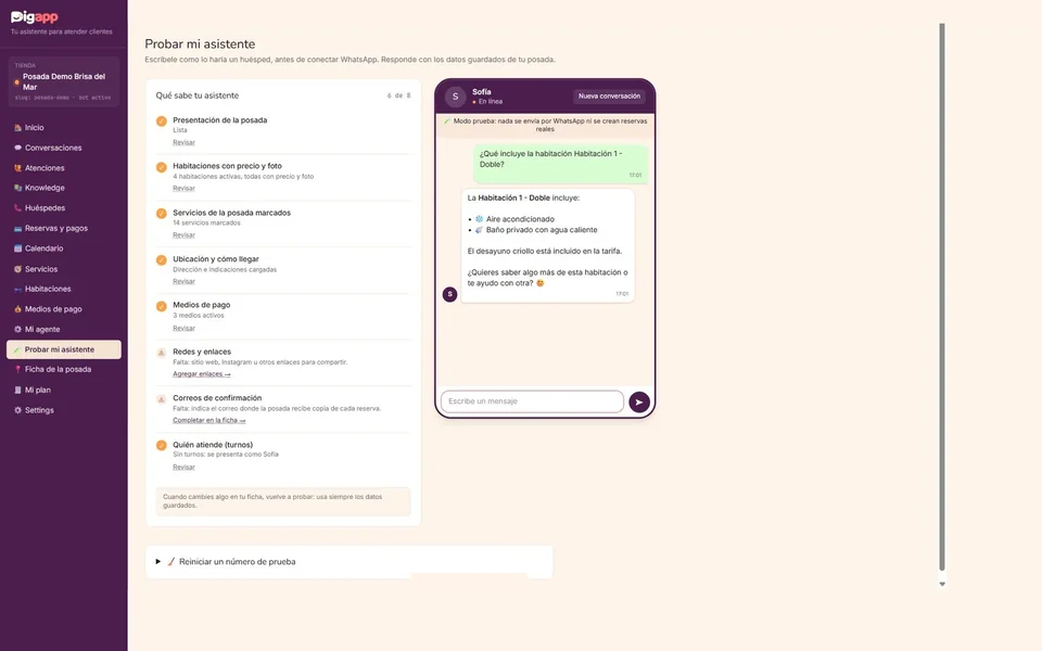 Panel de prueba del asistente Sofía, con datos de demostración