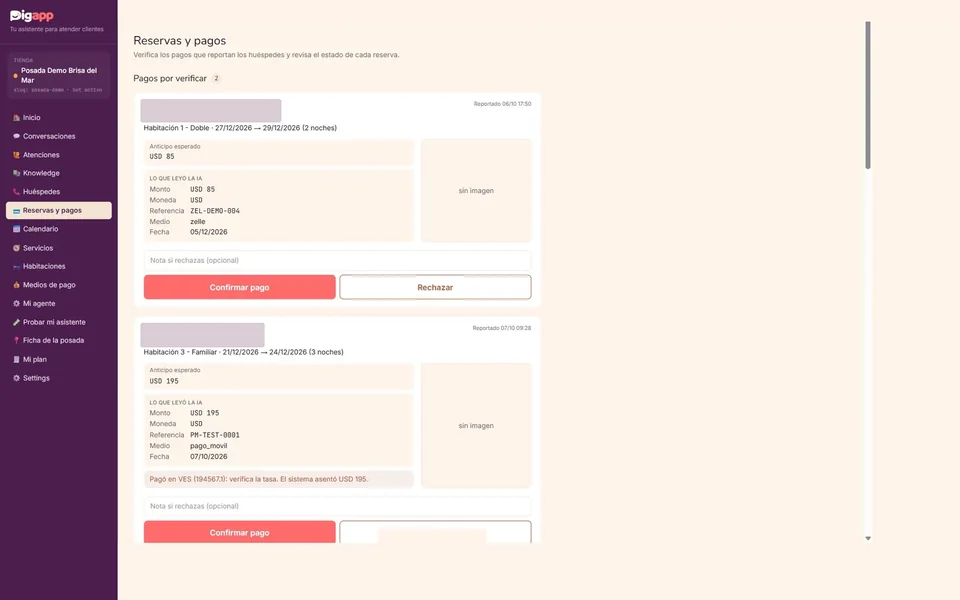 Captura real de Reservas y pagos de Posada Brisa del Mar, con datos personales ocultos
